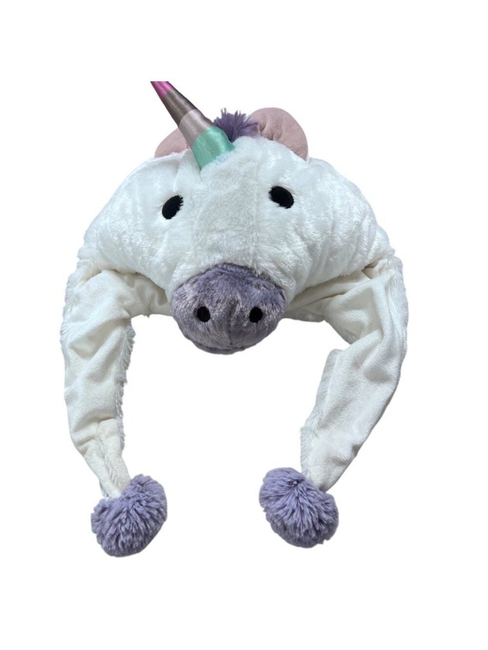 Plush Unicorn Hat with pom-pom ear flaps, whimsical, fun, playful